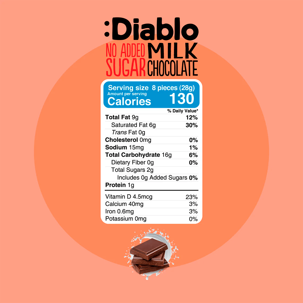Diablo Milk Chocolate Bar - 85g. (No Added Sugar)
