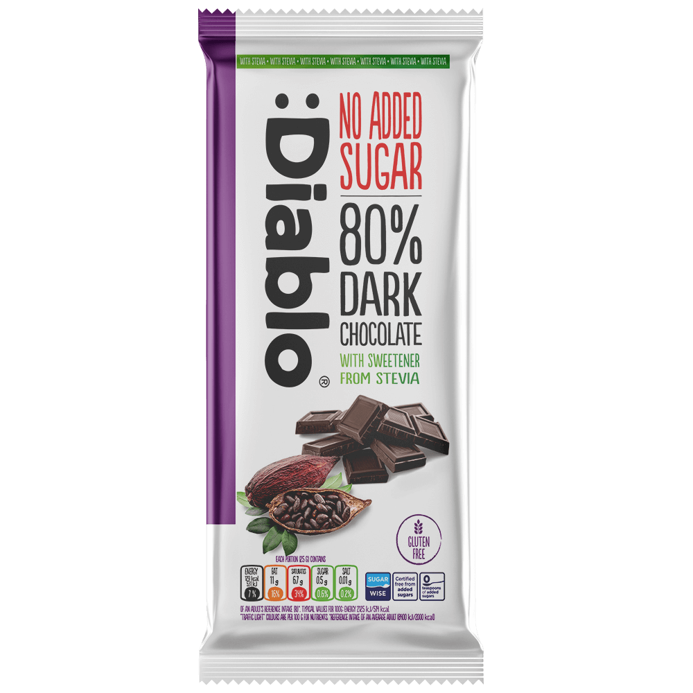 Diablo Dark Chocolate 80% - 75g. (No Added Sugar)