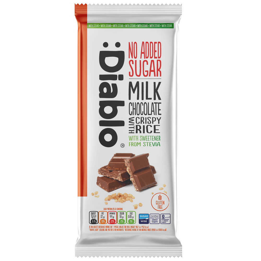 Diablo Milk Chocolate Crispy Rice - 75g. (No Added Sugar)