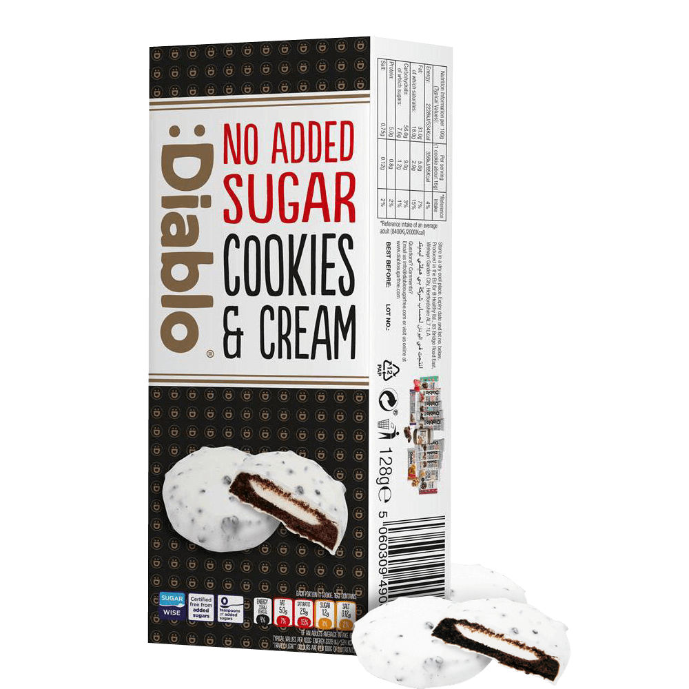 Diablo White Chocolate Cream Cookies - 128g. (No Added Sugar) (12/4-25)